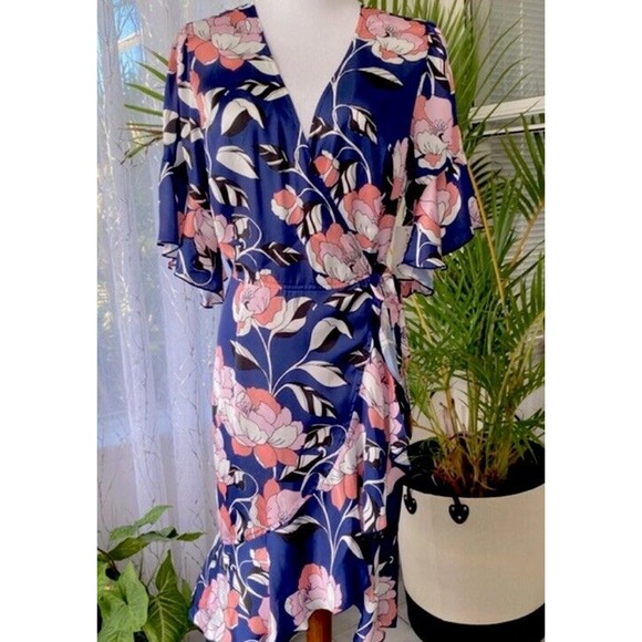 New ALEXIA ADMOR Floral Satin Wrap Dress Blue Pink Size Small Short Bell Sleeve - Picture 2 of 10